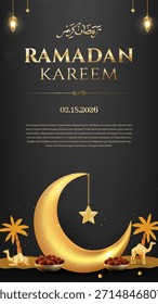 Vertical Elegante cartel temático de Ramadán con una media luna de oro brillante, linternas colgantes, siluetas de palmeras y tazones de fecha sobre un fondo oscuro. Ideal para invitaciones de Ramadán, tarjetas de felicitación y promociones festivas.
