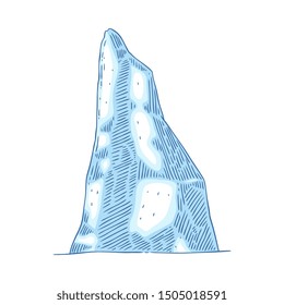 Vertical elongated iceberg vector icon isolated on white background in cartoon or sketch modern style. Arctic polar winter gravure symbol or emblem design concept.
