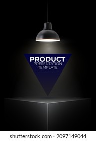 Vertical empty dark podium with hanging lamp. Black box stand for product display. Abstract product pedestal. Vector template.