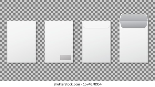 Vertical envelope A4 mockup. Template paper letter, folder. White blank letter envelopes C4, a3, a5 size. Open vertical, closed envelope mockup for mail. Set paper envelope of front, back side. vector