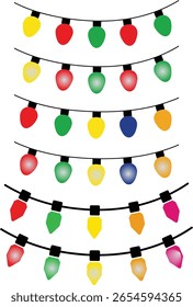 Vertical eows of colorful festive string lights. christmas tree decorations. christmas festive light vector bundle