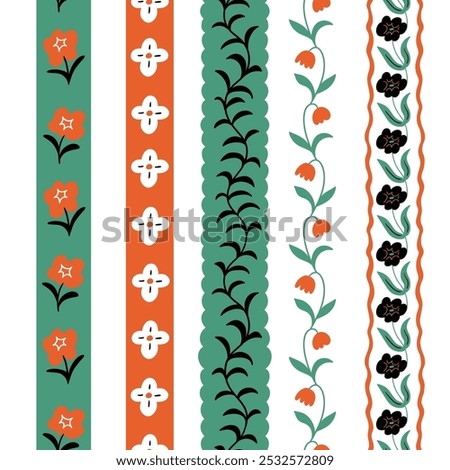 Vertical ethnic seamless tape collection. Vector illustration in hand-drawn style. Flower seamless borders with floral elements. 