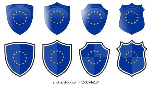 Vertical EU flag in shield shape, four 3d and simple versions. European Union icon / sign