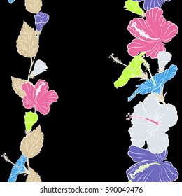 Vertical exotic flowers in allover composition with copy space. Pattern for fabric or textile. Seamless vector tropical design with hibiscus on a black background in pink, green and violet colors.
