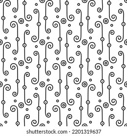 vertical fancy lines with swirls. simple black and white vector pattern. hand drawn lines on white. seamless symmetry. set of patterns 