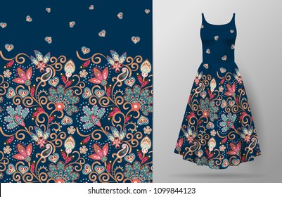 vertical fantasy flowers pattern. Hand draw floral background on dress mockup. Vector. Traditional eastern pattern for textiles, wallpapers, decor etc. Pink blue beige pattern on dark bue.