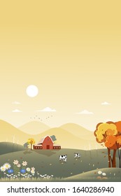 Vertical Fantasy panorama landscapes of Countryside in autumn,Panoramic of mid autumn with farm house  with the sun and blue sky. Wonderland landscape on fall season in orange foliage with copy space 