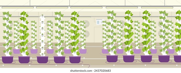 Vertical farm flat vector illustration. Greenhouse with aeroponic towers for crop production. 