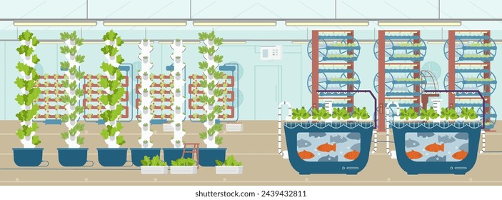 Vertical farm flat vector illustration. Greenhouse with different equipment for crop production aeroponic towers; hydroponics and aquaponic.