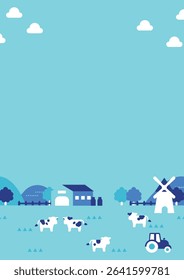 Vertical Farm Landscape with Blue Background and Cows, Windmill, and Tractor