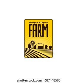 Vertical farm logo, badge, label with field, tractor, house and water tower over raising sun background, vector illustration. Two color vertical logo, badge, label design with farm house and fields
