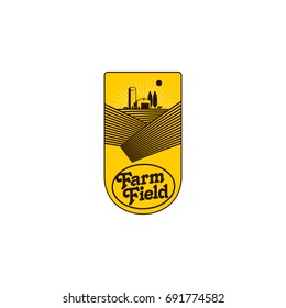 Vertical farm logo, badge, label with field, tractor, house and water tower over raising sun background, vector illustration. Two color vertical logo, badge, label design with farm house and fields