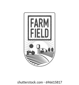 Vertical farm logo, badge, label with field, tractor, house and water tower over raising sun background, vector illustration.