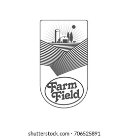 Vertical farm logo, badge, label with field, tractor, house and water tower over raising sun background, vector illustration.