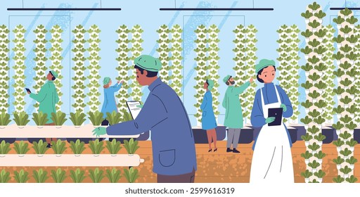 Vertical farm workers. Aeroponic towers hydroponic systems urban greenhouse agritech innovation technology strawberry growing, farming food industry classy vector illustration original artwork