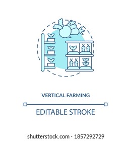 Vertical farming concept icon. Practice of growing crops in vertically stacked postions. Urban farming idea thin line illustration. Vector isolated outline RGB color drawing. Editable stroke