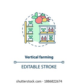 Vertical farming concept icon. Practice of growing crops in vertically stacked layers. Urban farming idea thin line illustration. Vector isolated outline RGB color drawing. Editable stroke