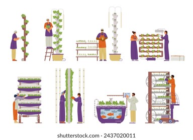 Ilustraciones vectoriales planas de agricultura vertical establecidas aisladas en blanco. Diferentes tipos de granjas verticales aeropónicas, acuapónicas e hidropónicas.