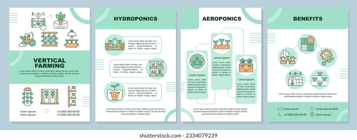 Vertical farming green brochure template, leaflet design with linear icons. 4 vector layouts representing types and benefits.