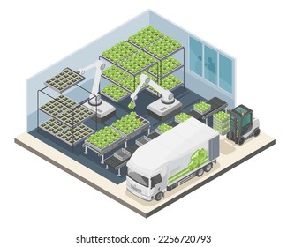 Vertical Farming Plant Factory vertical vegetable farming concept plant factory use robot and ai isometric isolated illustration 