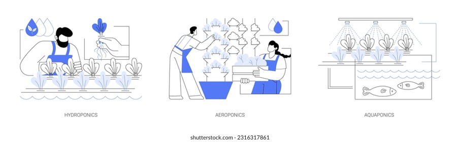 Vertical farming systems abstract concept vector illustration set. Hydroponics in greenhouse, aeroponics and aquaponics agricultural methods, sustainable farming, gardening abstract metaphor.