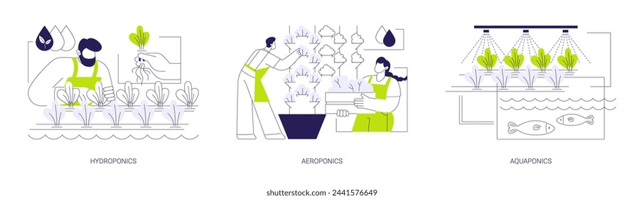 Vertikale Bewirtschaftungssysteme abstrakte Konzept Vektor Illustration Set. Hydroponik im Gewächshaus, Aeroponik und Aquaponik, landwirtschaftliche Methoden, nachhaltige Landwirtschaft, Gartenarbeit abstrakte Metapher.