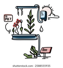 Vertical Farming Tech Hand-drawn illustration of automated vertical farm setup with pH reader, irrigation, grow light. Ideal for agtech, innovation, sustainability content