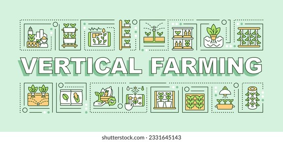 Vertical farming text with various icons on green monochromatic background, editable 2D vector illustration.