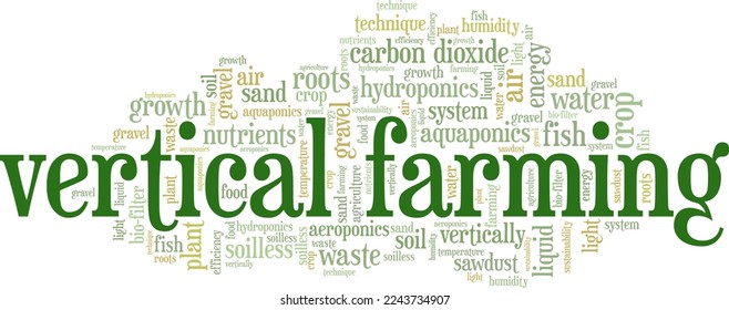 Diseño conceptual de nube de palabras de agricultura vertical aislado en fondo blanco.