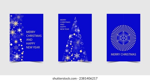 Vertical festive christmas gift cards with snowflakes. Merry Christmas and Happt New Year. Postcard template designe. Blue background Vector illustration