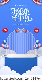 Vertical Festive Fourth of July sale banner featuring American flag designs, balloons, and vibrant colors. Perfect for promoting discounts and celebrating Independence Day, themed visuals.
