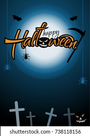 Vertical festive poster for Halloween. Dark night vector illustration with moon, graveyard and flying bats. Happy Halloween Text Banner,