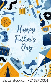 Vertical festive poster for Happy Father's Day. Contemporary design with male stuff and text. Grunge textured hat, kite, briefcase, bow tie, mustache, ball. Design for card, flyer, banner, cover