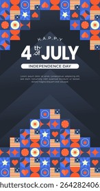 Vertical Festive vector design featuring a geometric pattern in patriotic colors, celebrating Independence Day. Ideal for July 4th themed content with decorative and modern visual appeal.