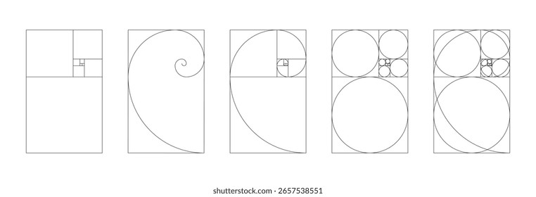 Vertical Fibonacci numbers array set of 5 elements. Template of golden ratio harmony proportions. 