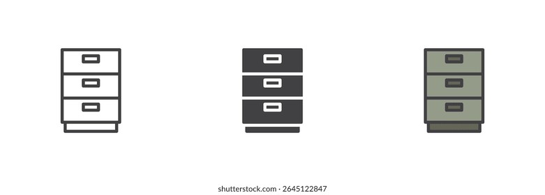 Ícone de gabinete de preenchimento vertical na linha, contorno preenchido e estilo sólido. Inclui gavetas de armazenamento clássicas para escritório. Símbolo de mobiliário de organização ou arquivo vetorial.