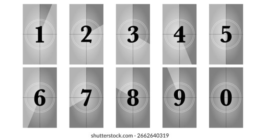 Vertical film countdown design in 9x16 ratio. Retro camera leader frames with timer numbers. Old movie projector animation for mobile video, social media reel or television screen intro