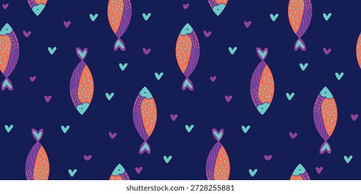 Patrón inconsútil de los pescados de la Vertical con los corazones en el fondo marino, textura linda del Vector náutico para el diseño de la materia textil y del papel de los niños