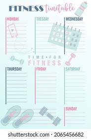 Vertical Fitness Weekly Timetable. Daily Schedule Template With Shoes, Weights, Player, Bottle. Gym Planner. Vector Illustration. Notes, To Do List. Vector Illustration. Healthy Lifestyle. Flat Design