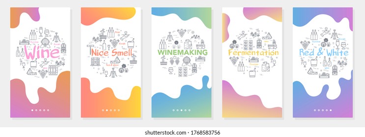 Vertical five banners with line concept of winemaking - fermentation