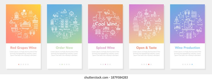 Vertical five banners with line concept of winemaking - wine order and production