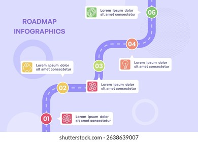 Vertical Five Stage Journey with Icon Markers and Purple Path Vector Illustration