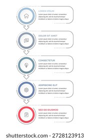 Vertical de infografía de proceso de cinco pasos con Elementos circulares conectados por flechas, que muestran un proceso secuencial o flujo de trabajo