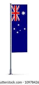 Vertical flag of Australia hanging on a silver metallic pole.