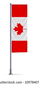 Vertical flag of Canada hanging on a silver metallic pole.