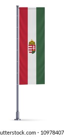 Vertical flag of Hungary hanging on a silver metallic pole.