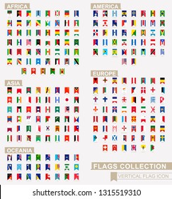 Vertical flag icon of Africa, America, Asia, Europe and Oceania countries. Vector flag collection.