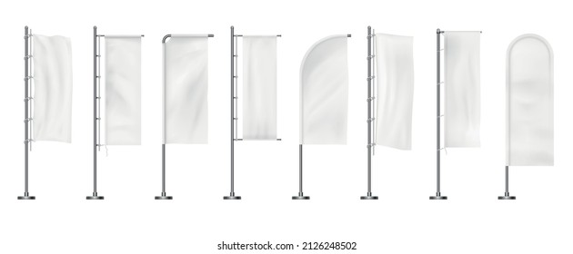 Vertical flag . White promotion fabric on flagpole, realistic waving advertising cloth. Vector set