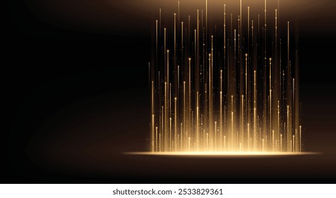 Vertical flare of golden light on black background. Realistic vector illustration of dark bg with striking visual effect. Luxury design banner with shimmering upward lines with sparkling glitter.