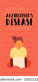 vertical flat banner of Alzheimer's disease vector. An elderly woman grandmother of respectful age sitting in a chair upset depressed does not remember her past does not know who she is.